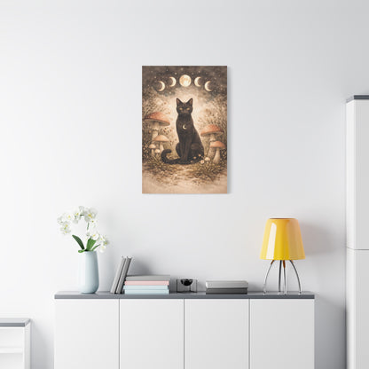 Mystical Boho Black Cat and Mushroom Night Scene Wall Art & Canvas Print