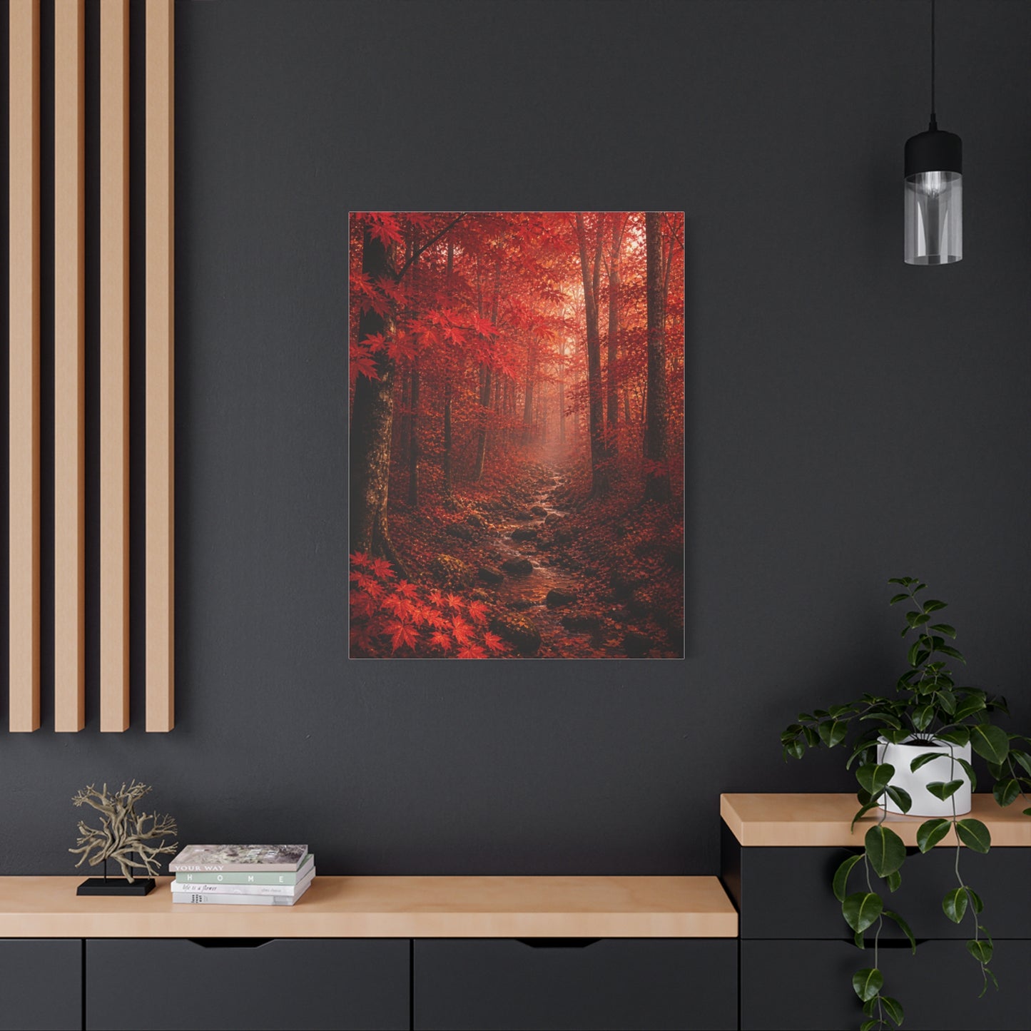 Crimson Autumn Forest Stream Wall Art & Canvas Print