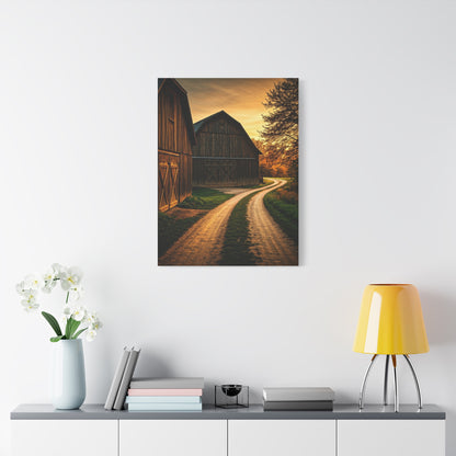 Country Road Between Rustic Barns at Golden Hour Wall Art & Canvas Prints
