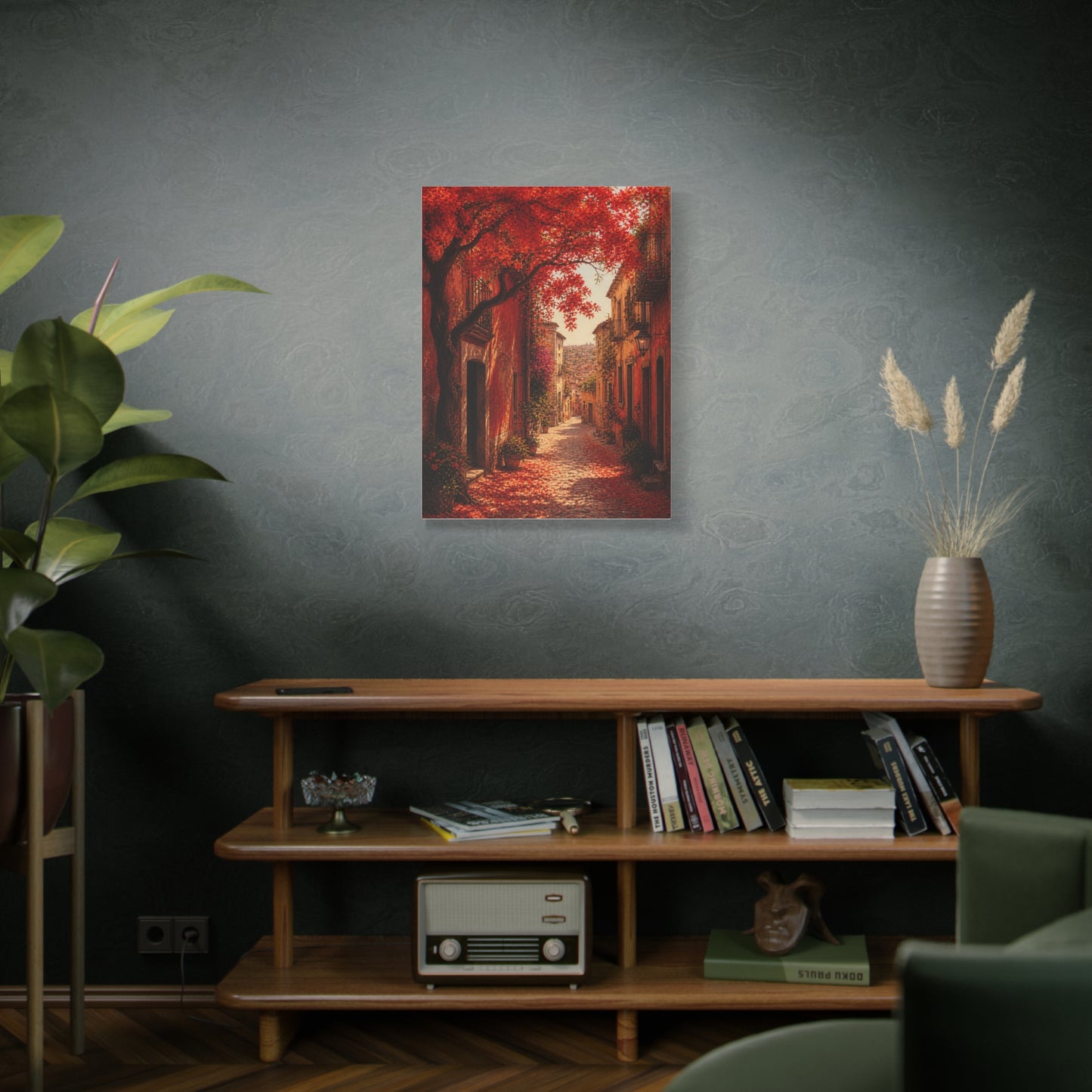 Autumn Red Blossom Street Scene Wall Art & Canvas Print