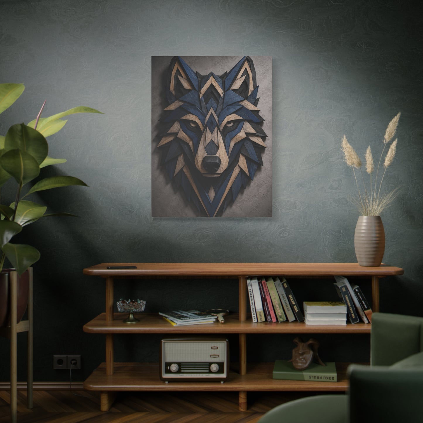 Layered Blue Geometric Wolf Head Sculpture Wall Art & Canvas Print