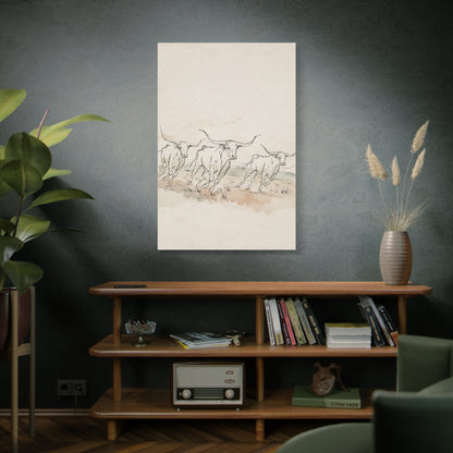 Running Longhorn Line Sketch Panorama Wall Art & Canvas Print