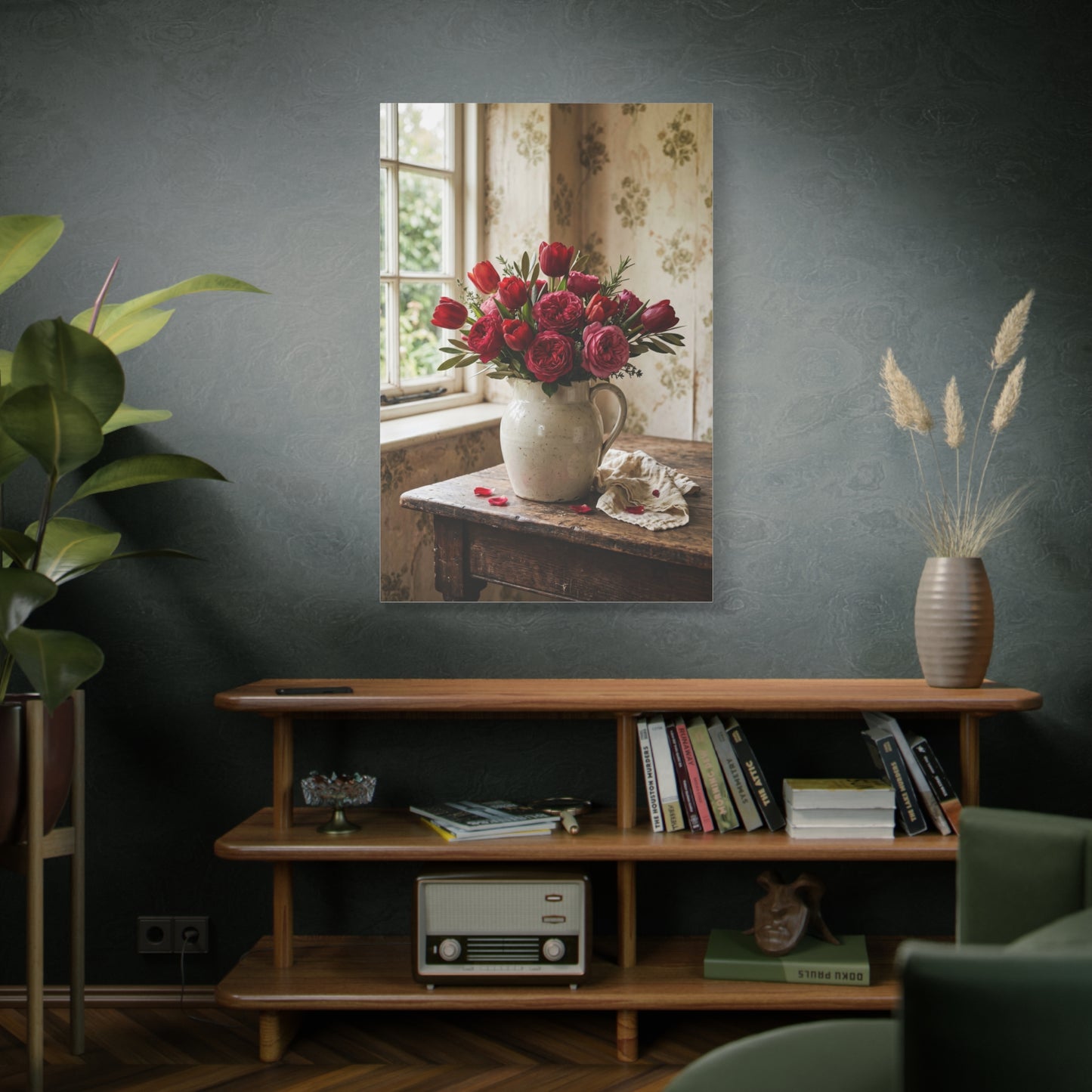 English Cottage Red Tulip Still Life Wall Art & Canvas Print
