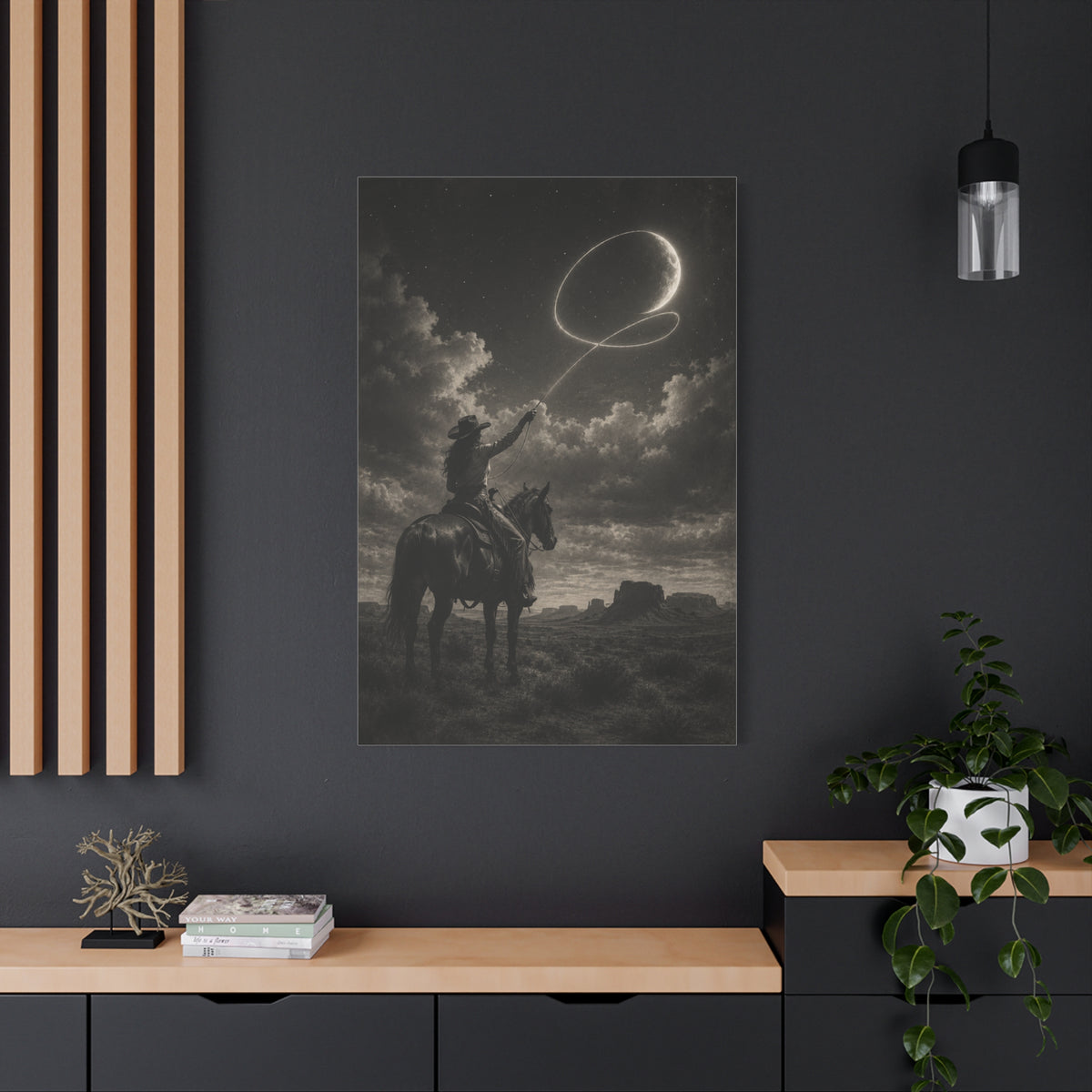 Cowgirl Moon Lasso Silhouette Scene Wall Art & Canvas Print