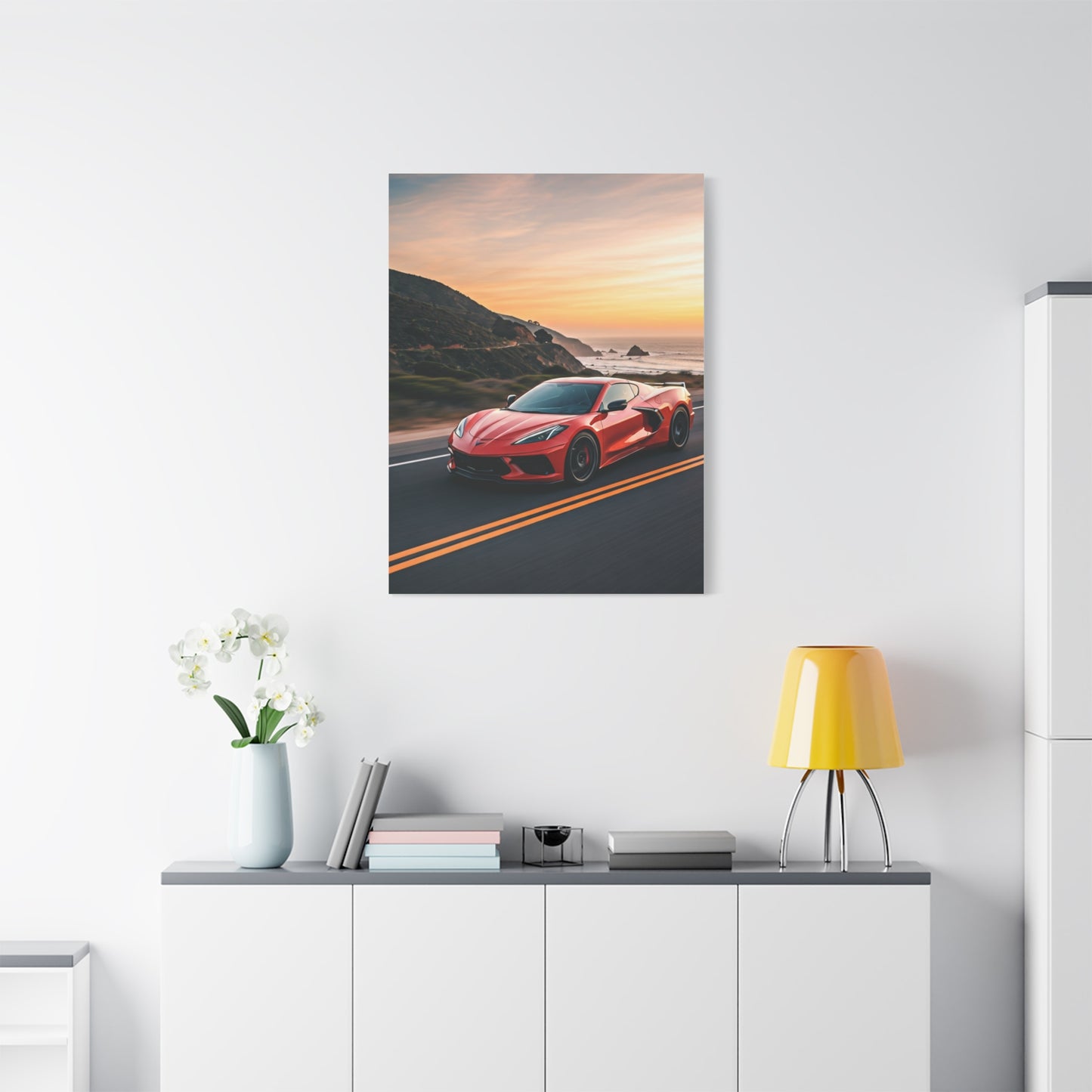 Chevrolet Corvette C8 Sunset Cliffside Drive Wall Art & Canvas Prints