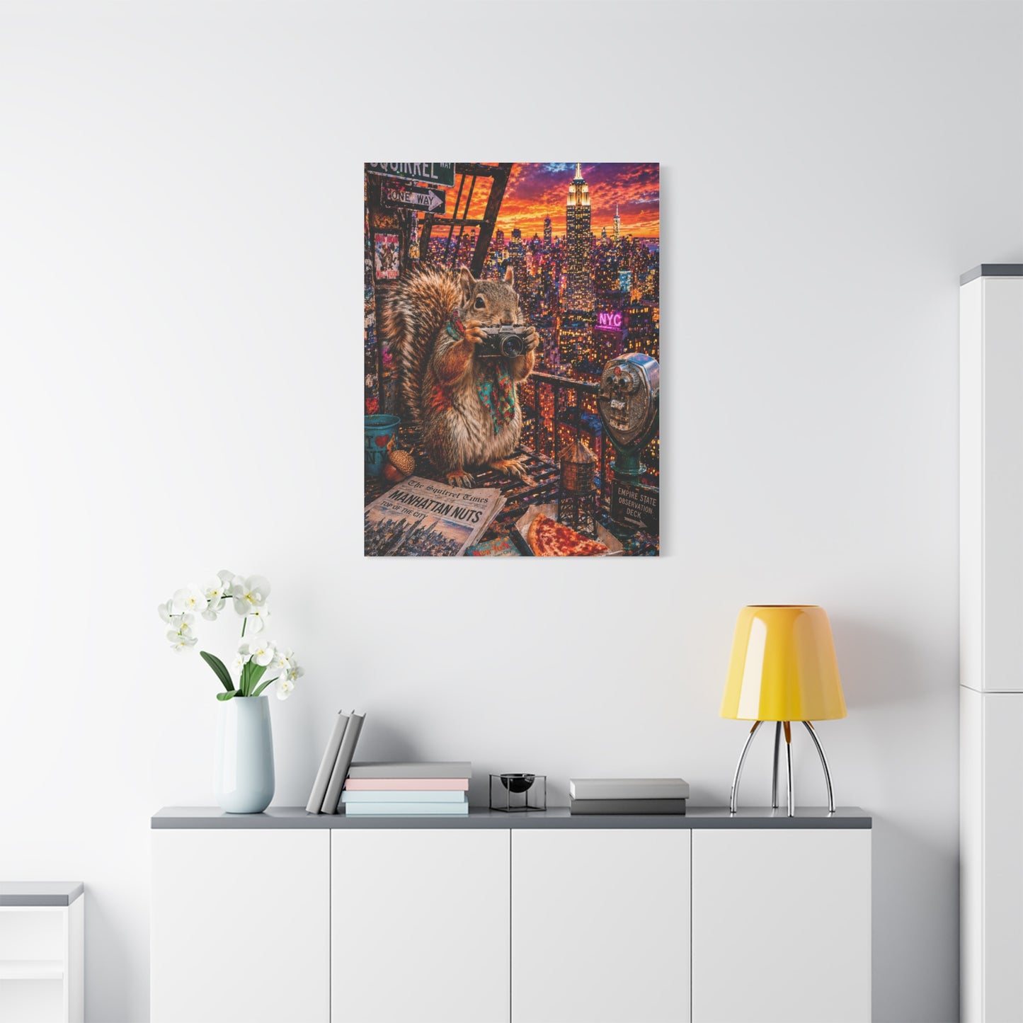 Surreal NYC Squirrel Rooftop Scene Wall Art & Canvas Print