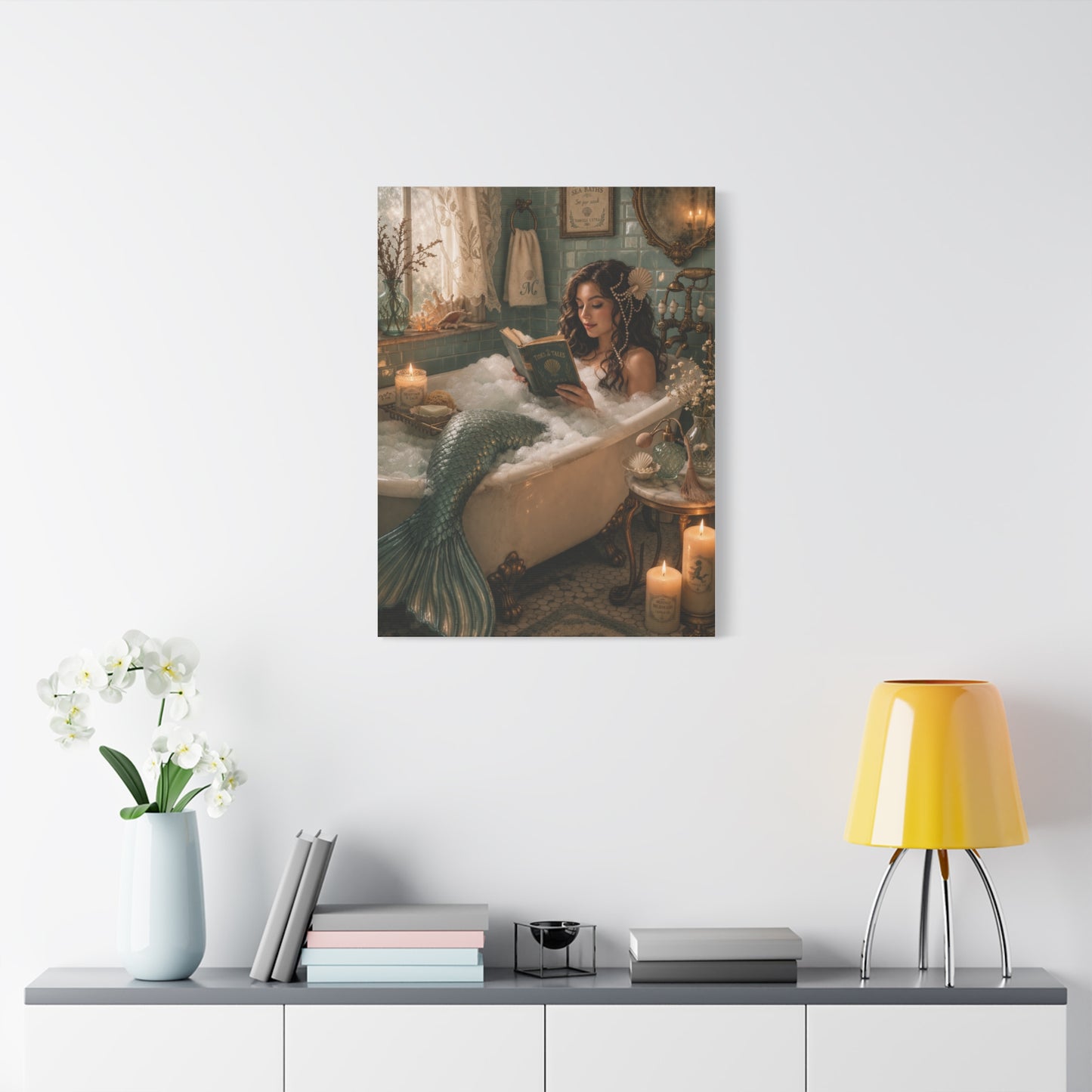 Vintage Bath Mermaid Reading Wall Art & Canvas Print