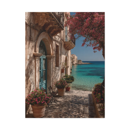 Sicilian Coastal Balcony Scene Wall Art & Canvas Print