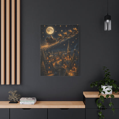 Moonlit Santa Sleigh Over Winter Village Wall Art & Canvas Print