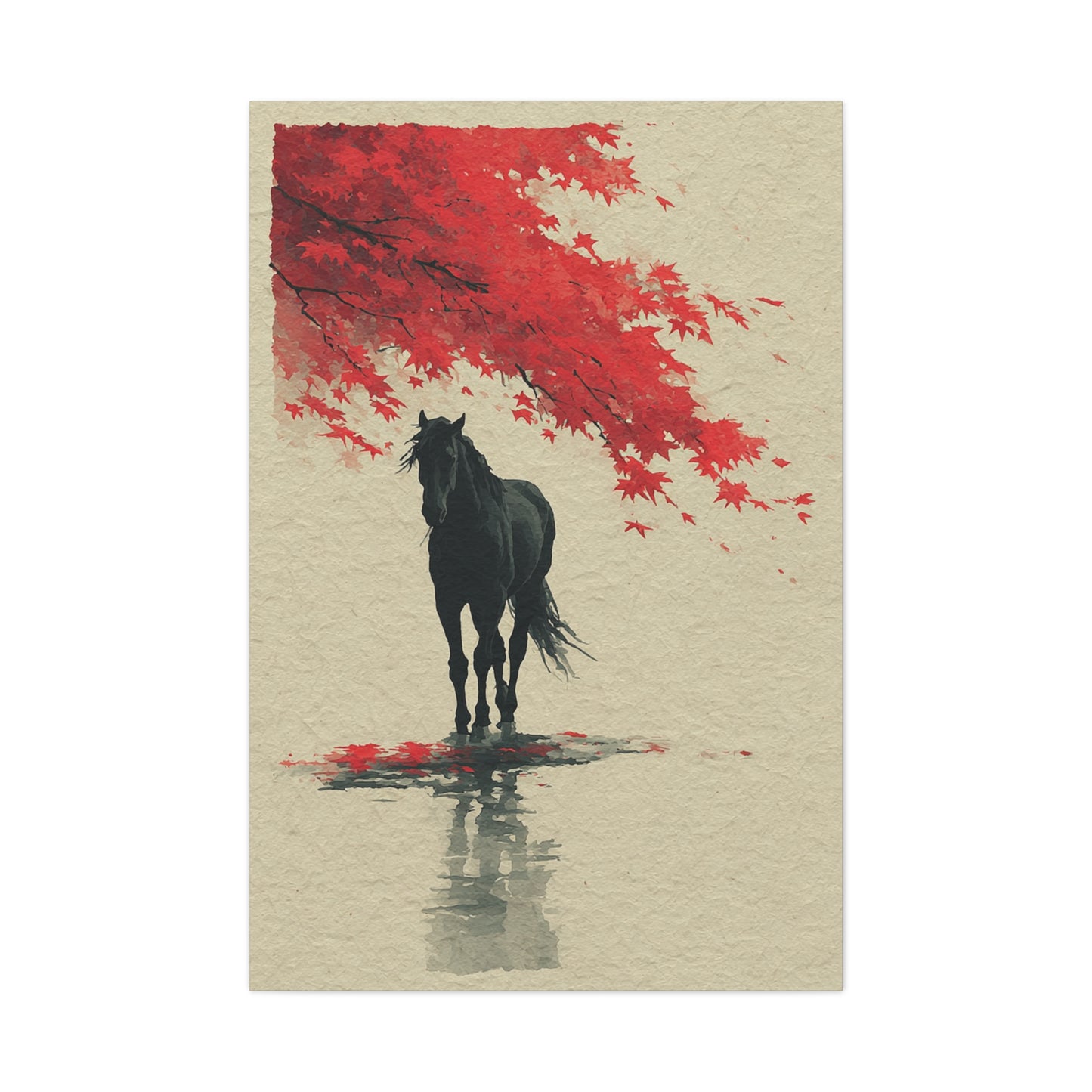 Minimal Horse Silhouette Under Red Maple Wall Art & Canvas Print