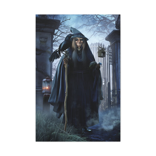 Witch with Raven at the Moonlit Cemetery Gate Wall Art & Canvas Print