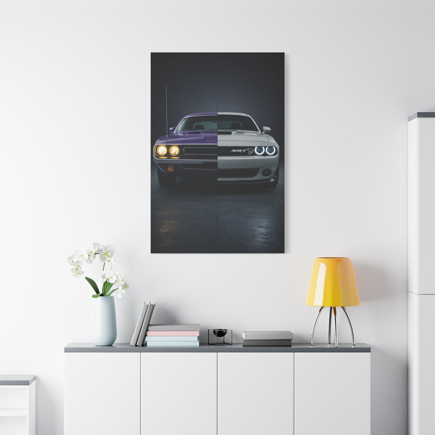Dodge Challenger Heritage Split 1970 vs Modern SRT Wall Art & Canvas Prints