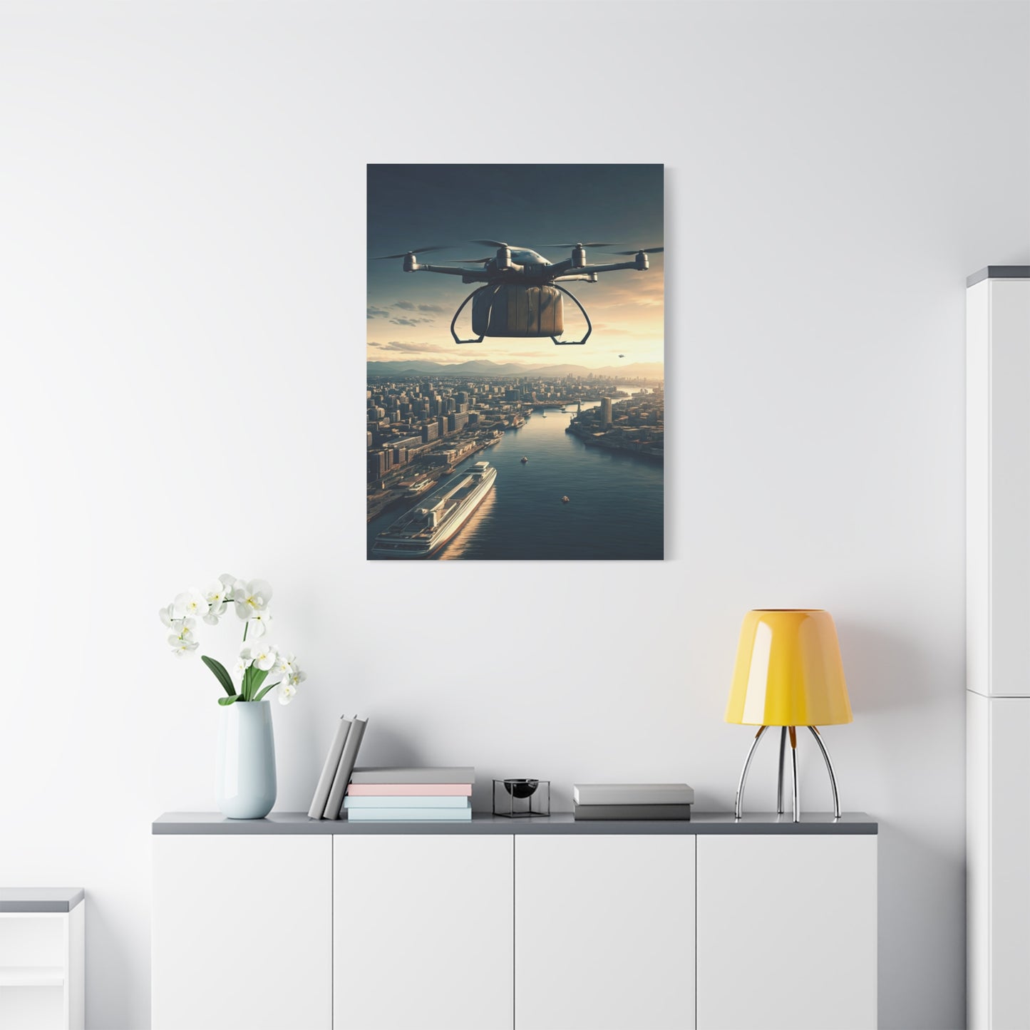 Futuristic Delivery Drone Over City Wall Art & Canvas Prints