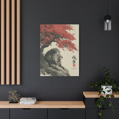 Lion Under Red Maple Zen Composition Wall Art & Canvas Print
