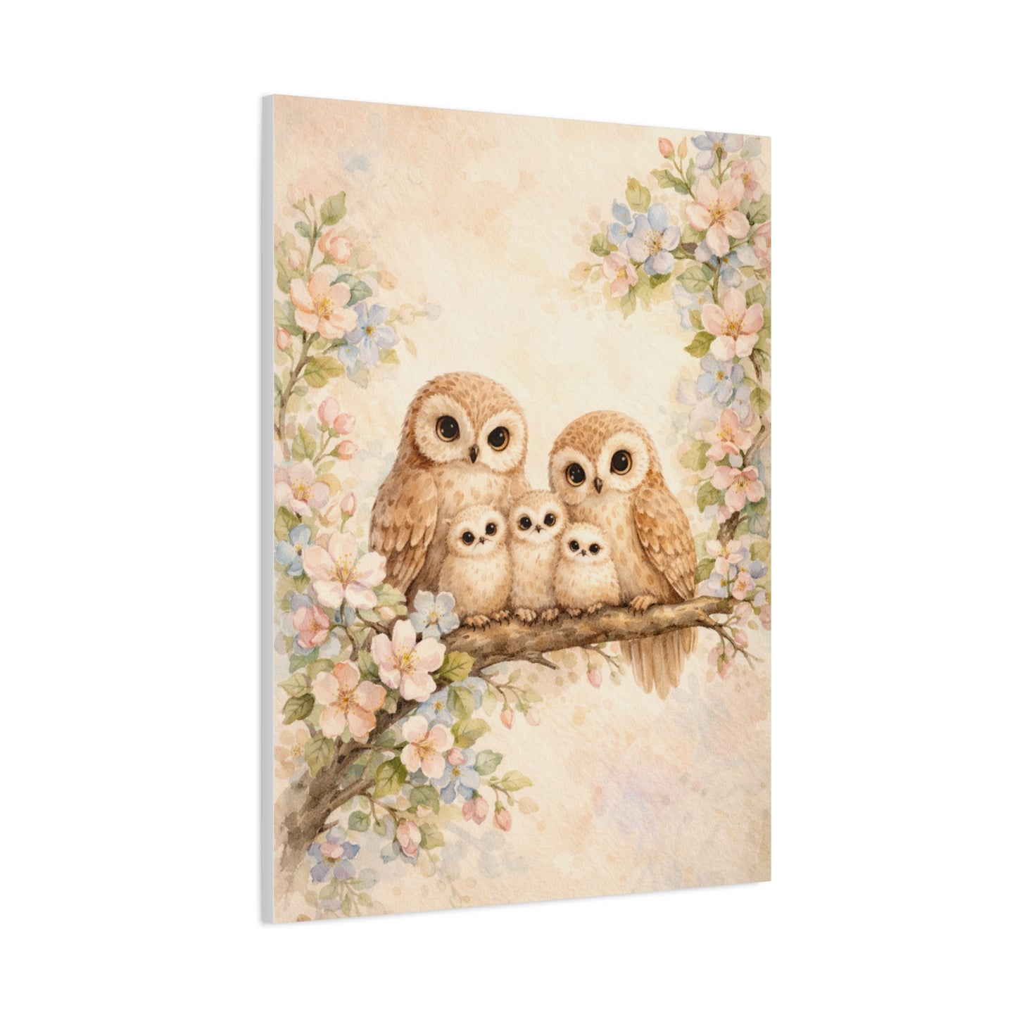 Whimsical Owl Family Blossom Scene Wall Art & Canvas Print