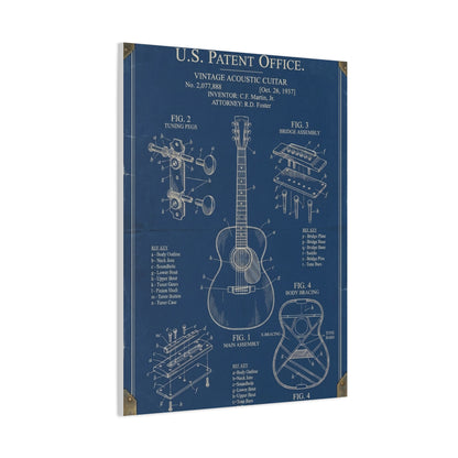 Vintage Acoustic Guitar Patent Blueprint Wall Art & Canvas Print