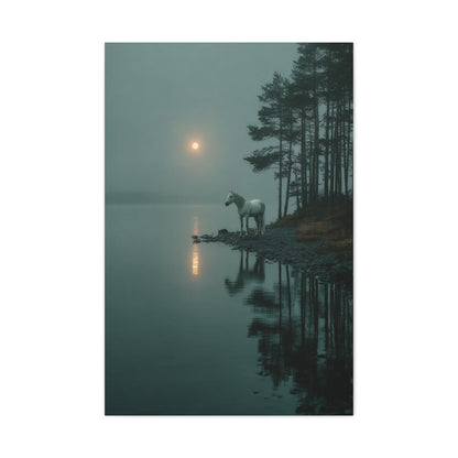 Gray Horse Moonlit Lake Wall Art & Canvas Print