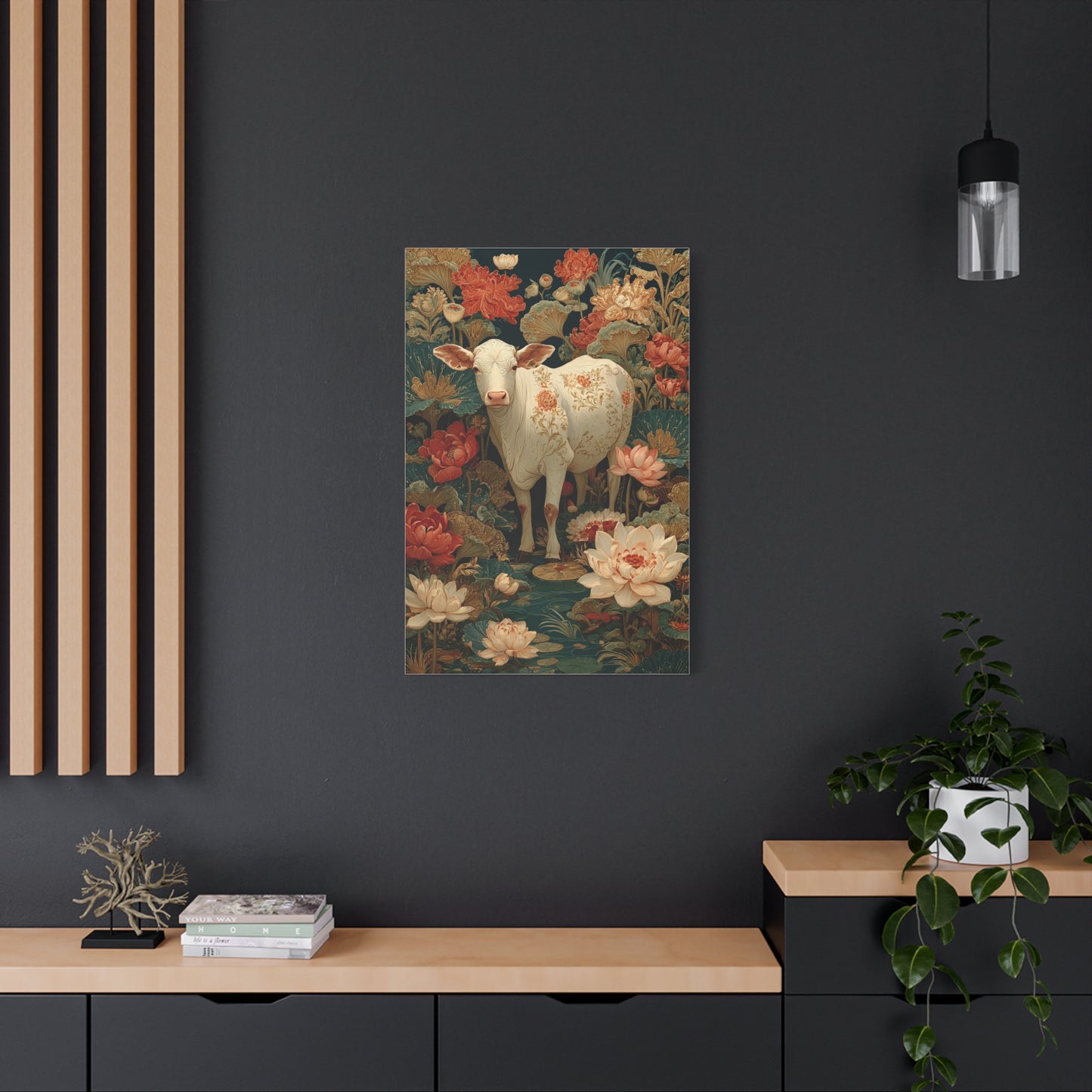 Pichwai White Cow Lotus Garden Wall Art & Canvas Print