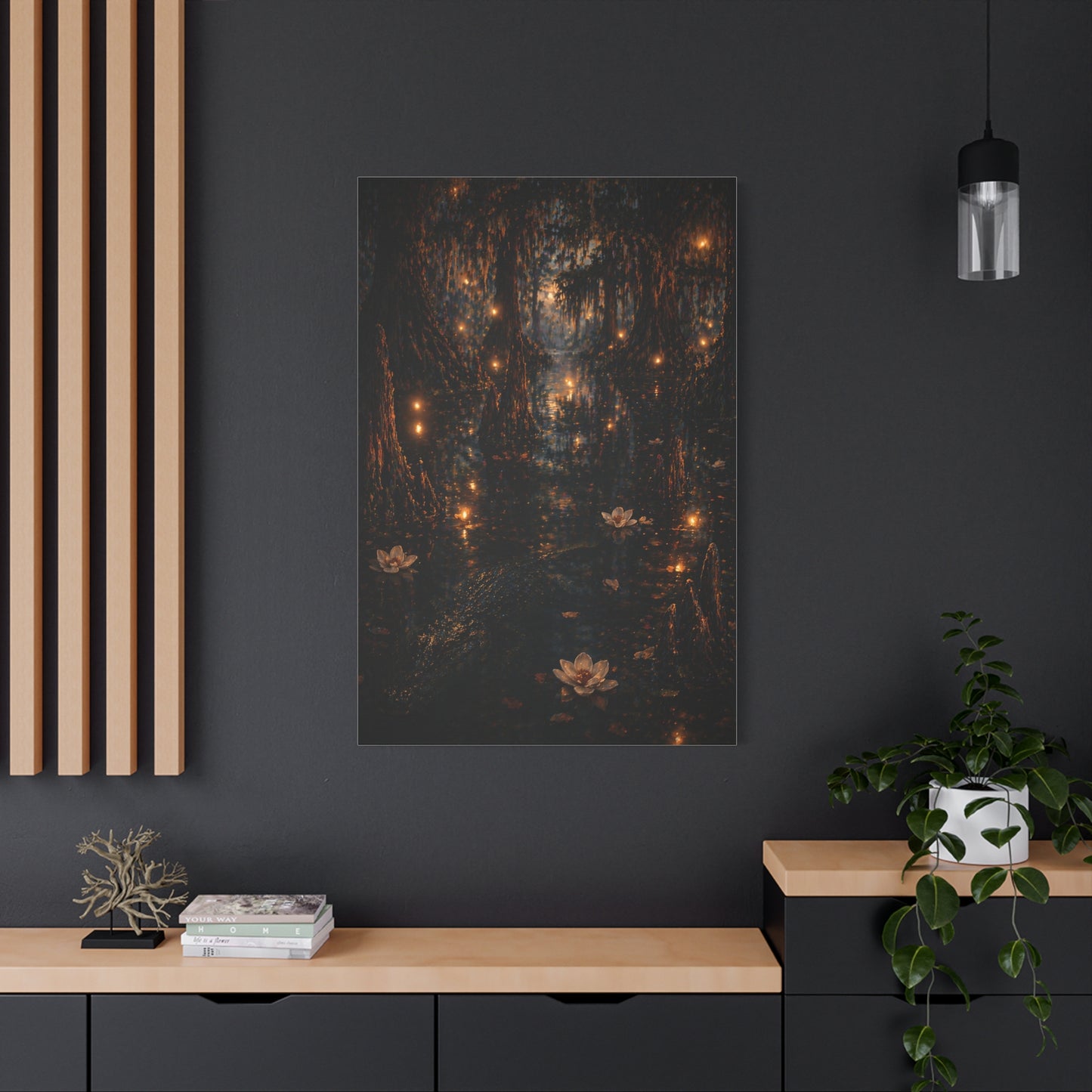 Moonlit Bayou Firefly Scene Wall Art & Canvas Print