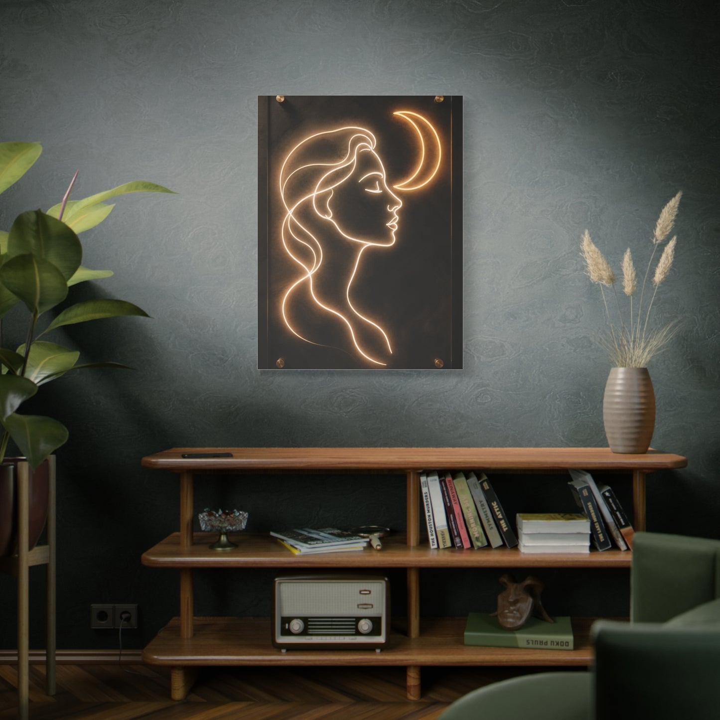 Neon Crescent Muse Line Art Wall Art & Canvas Print