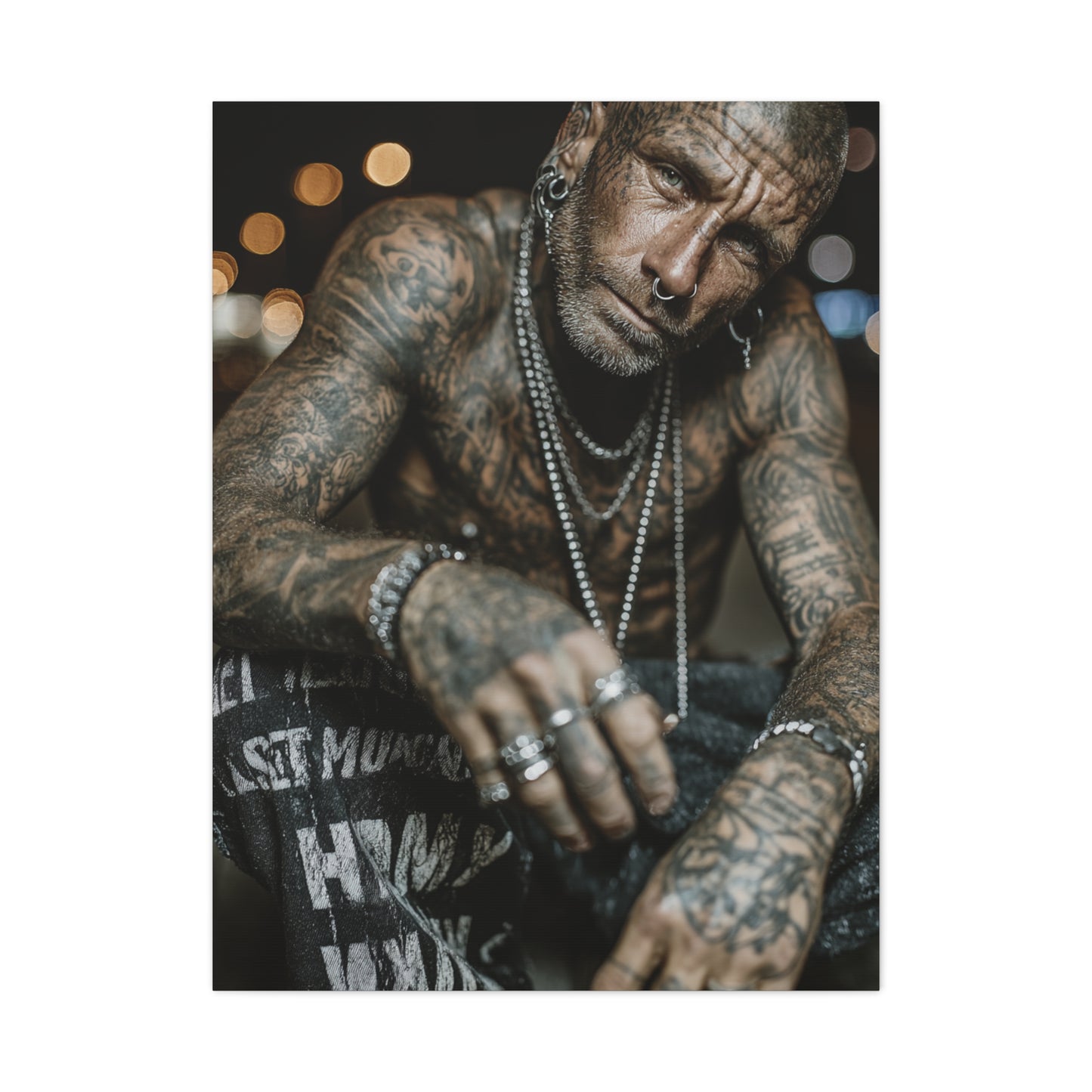 Tattooed Man Street Noir Portrait Wall Art & Canvas Print