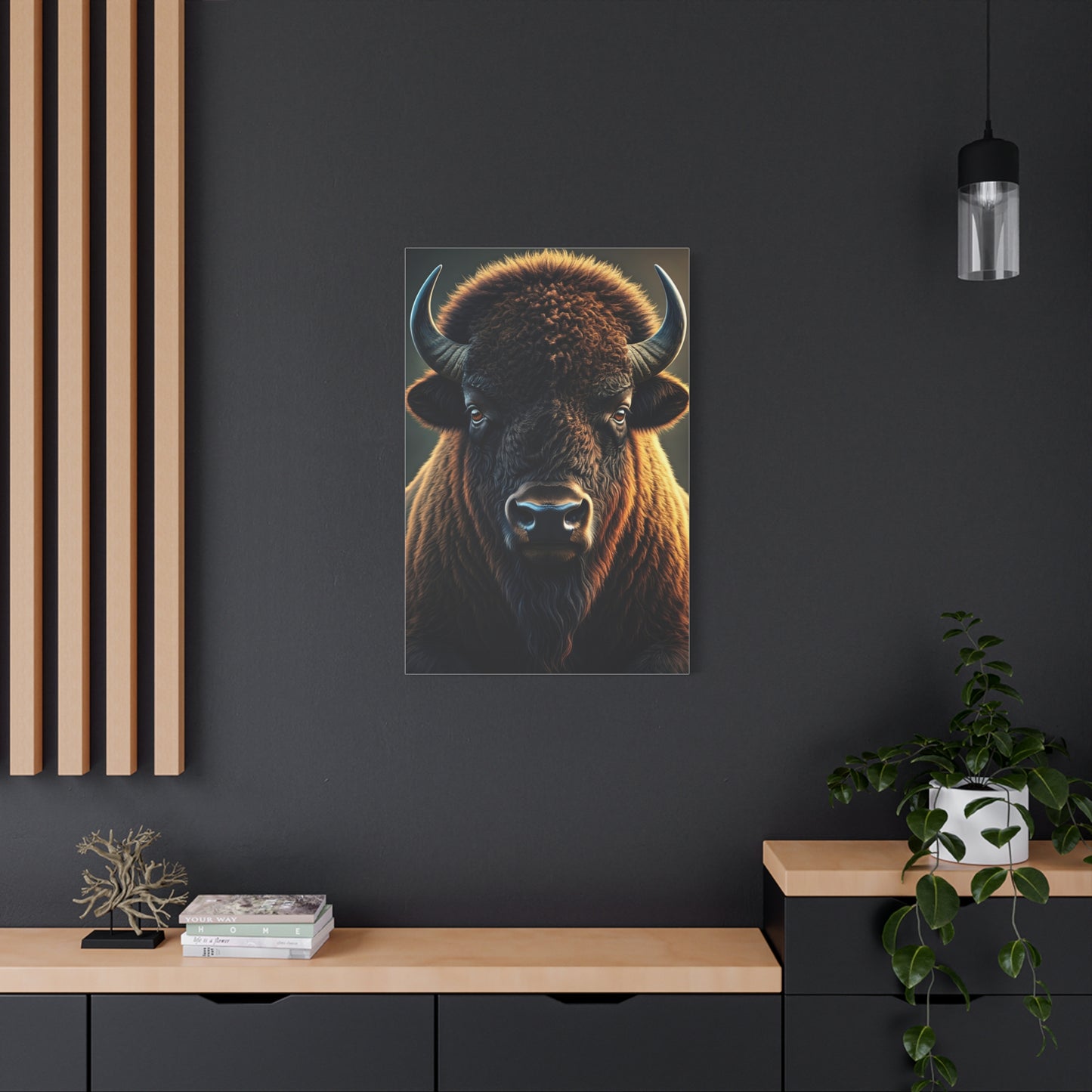 Cinematic Frontal Bison Portrait with Golden Backlight Wall Art & Canvas Print