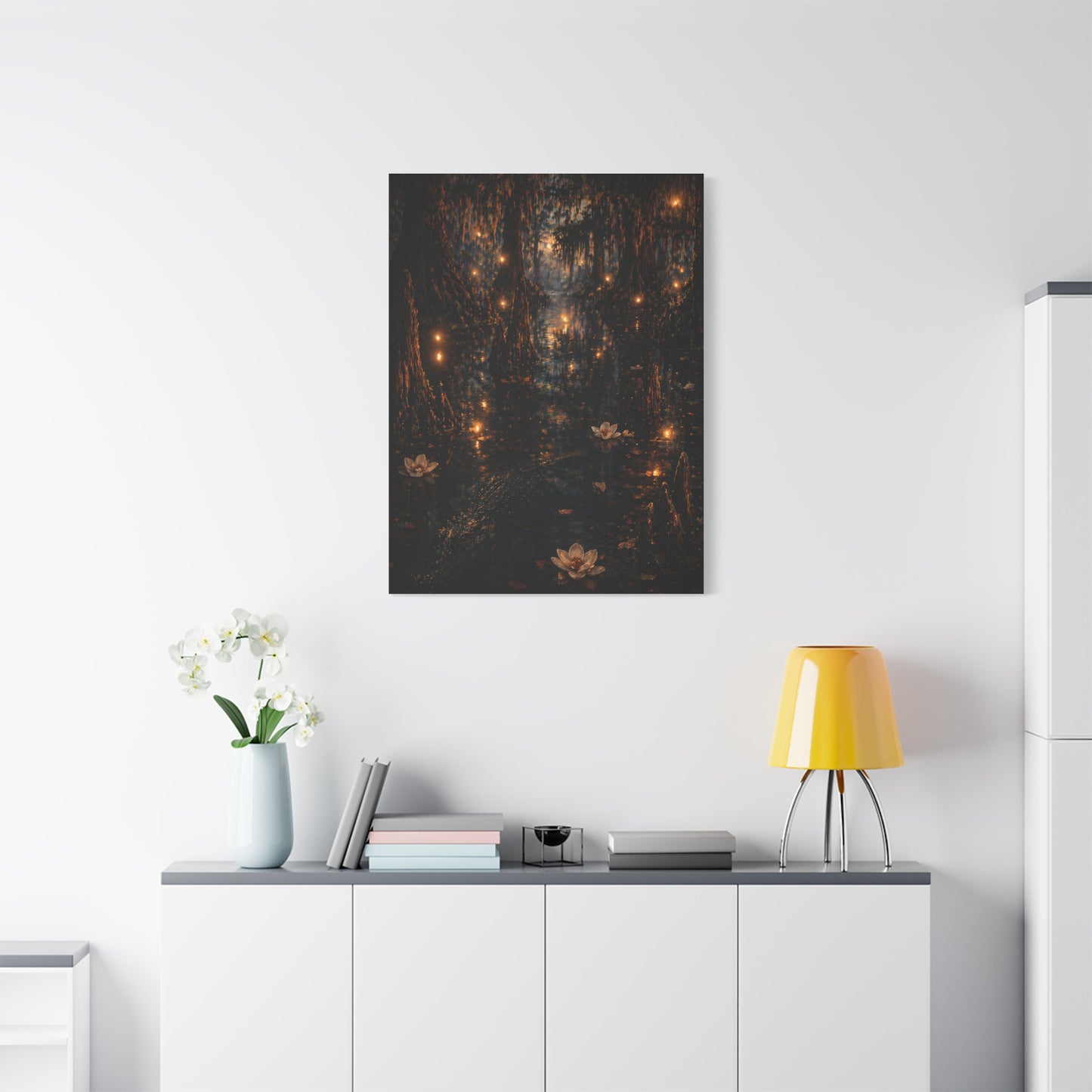 Moonlit Bayou Firefly Scene Wall Art & Canvas Print