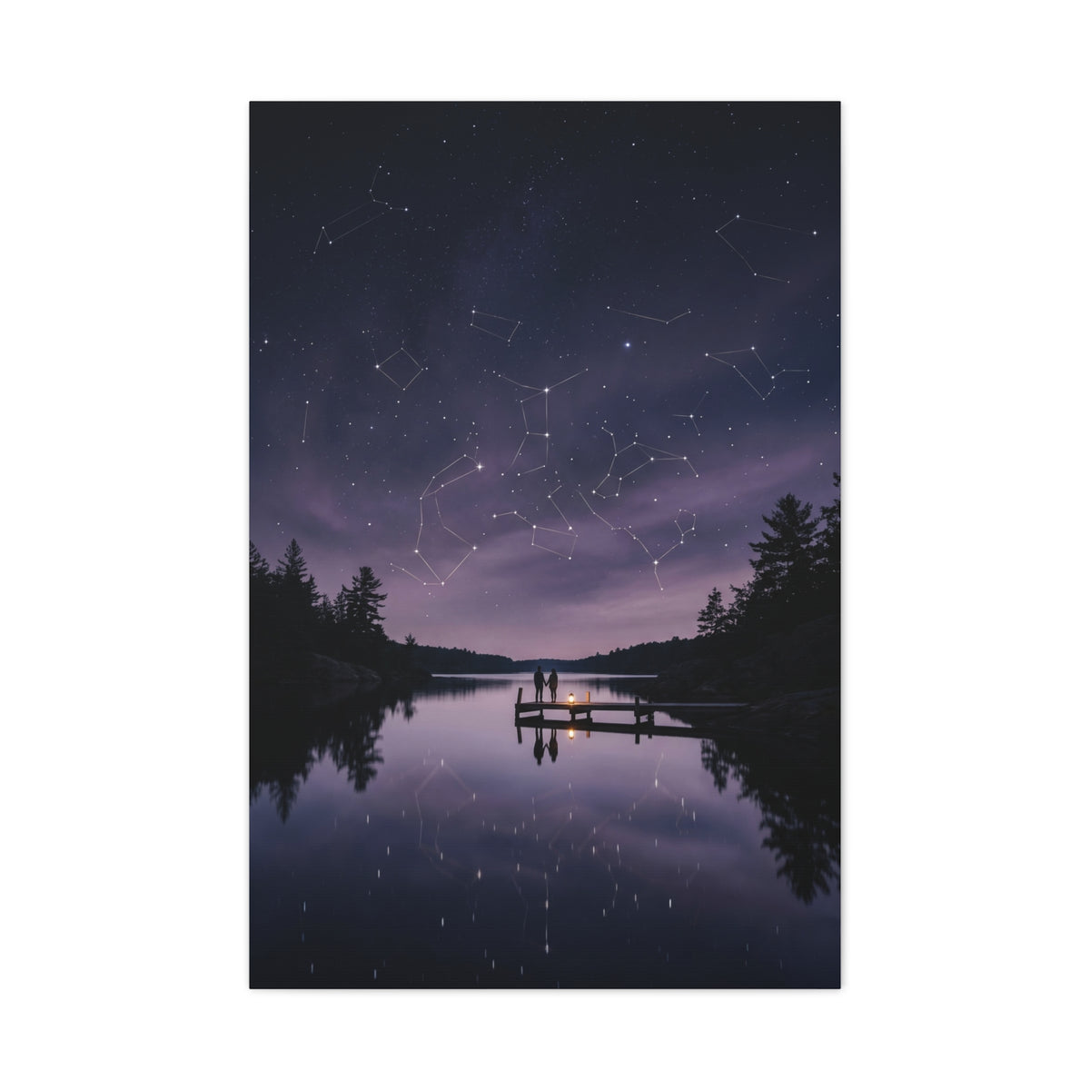 Starlit Reflection Lovers Minimal Scene Wall Art & Canvas Print