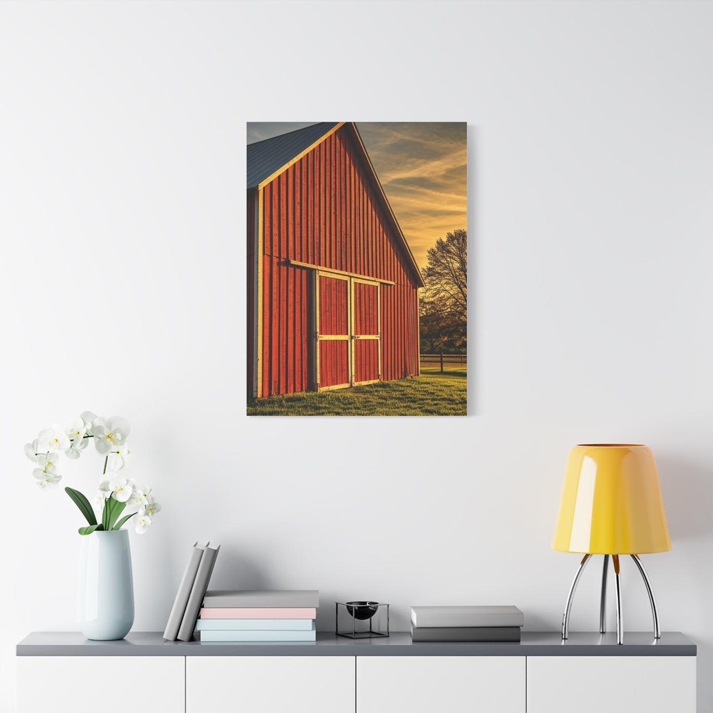 Red Barn in Golden Countryside Wall Art & Canvas Prints