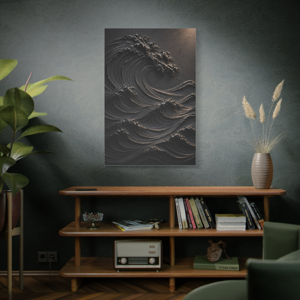 Matte Black Sculptural Ocean Motion Wall Art & Canvas Print