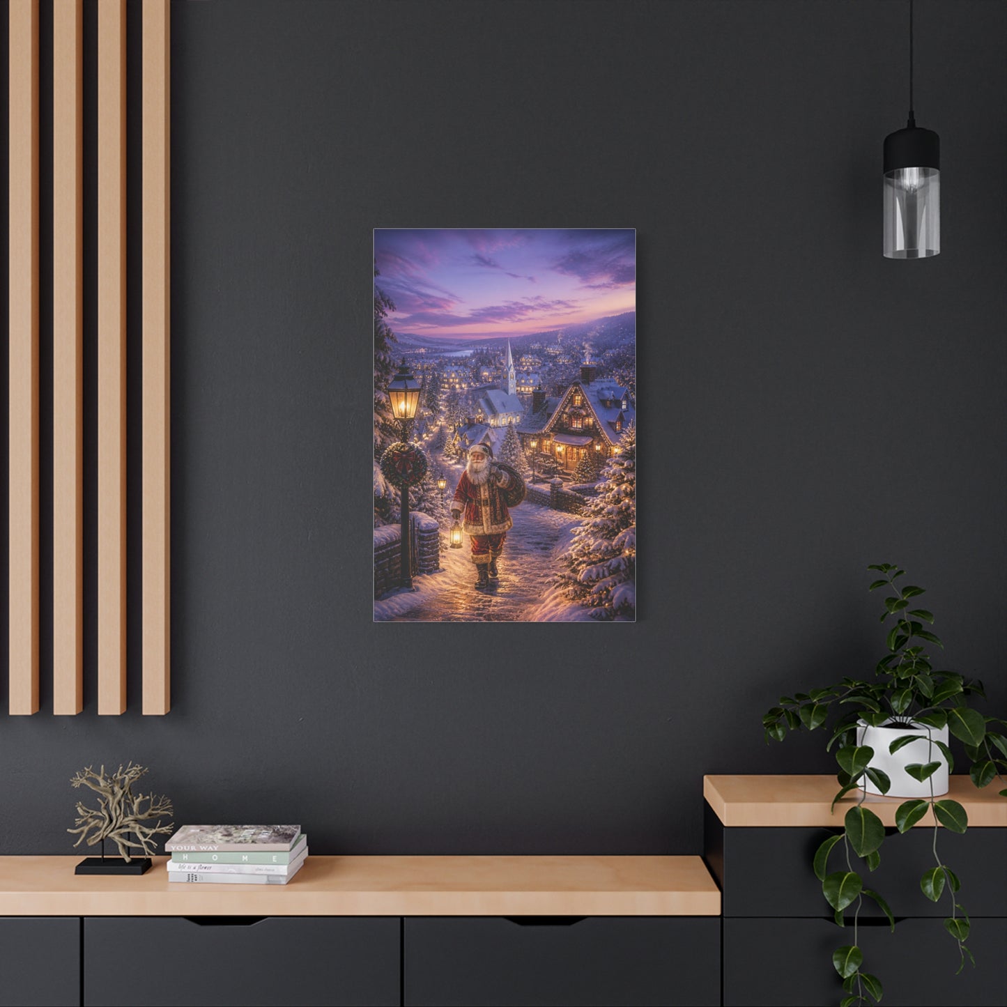 Snowy Village Santa Lantern Walk Wall Art & Canvas Print