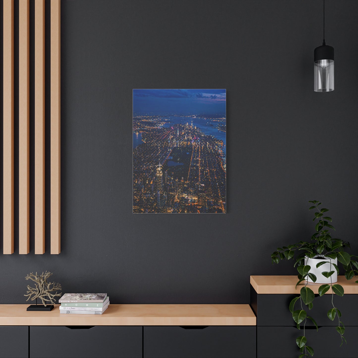 Aerial Manhattan Night Grid Wall Art & Canvas Print