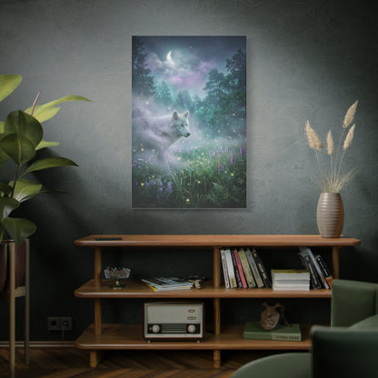 Ethereal White Wolf Moonlit Meadow Scene Wall Art & Canvas Print