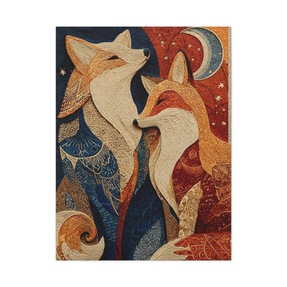 Folk Twin Foxes Celestial Linocut Wall Art & Canvas Print