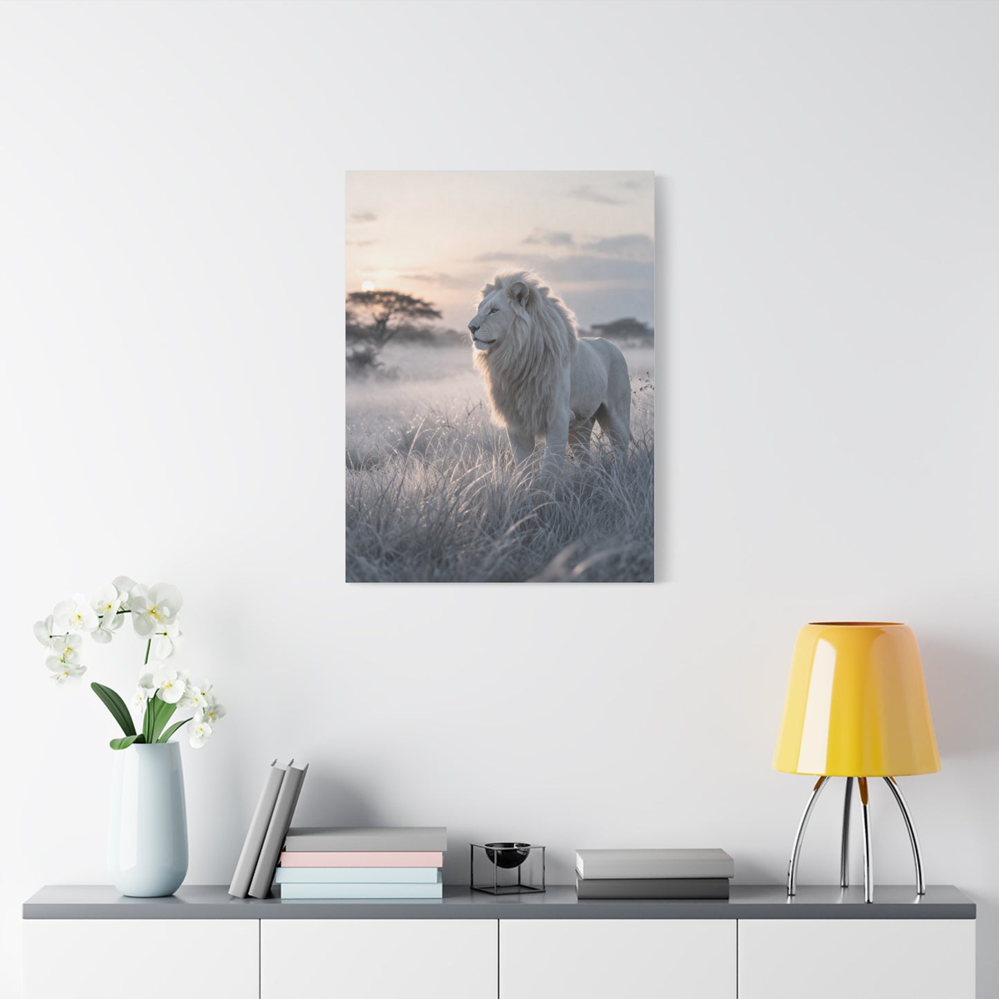 White Lion in Misty Savanna Dawn Wall Art & Canvas Print