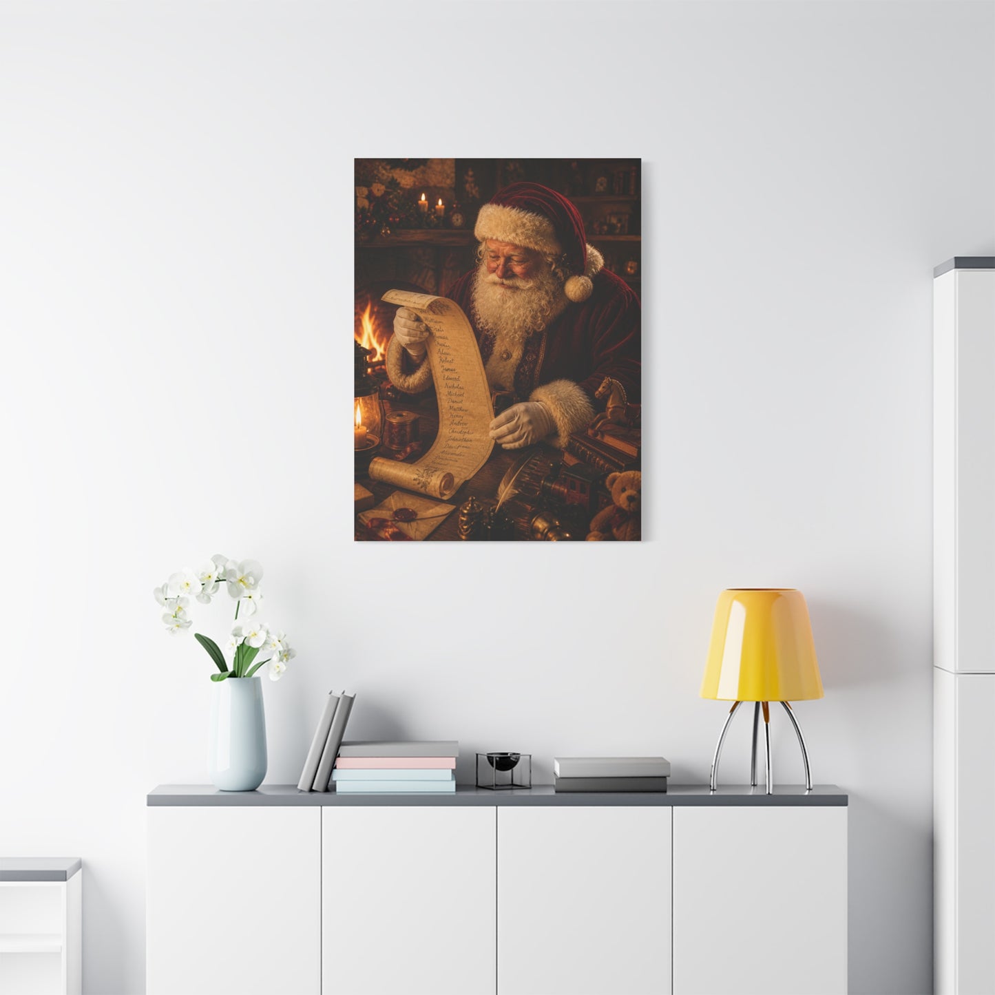 Santa Checking the Christmas List Wall Art & Canvas Print