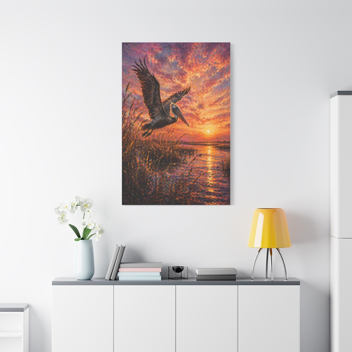 Pelican Marsh Sunset Scene Wall Art & Canvas Print