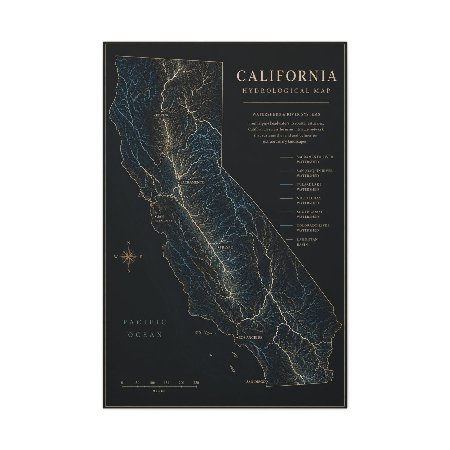 California Hydrological Map Wall Art & Canvas Print