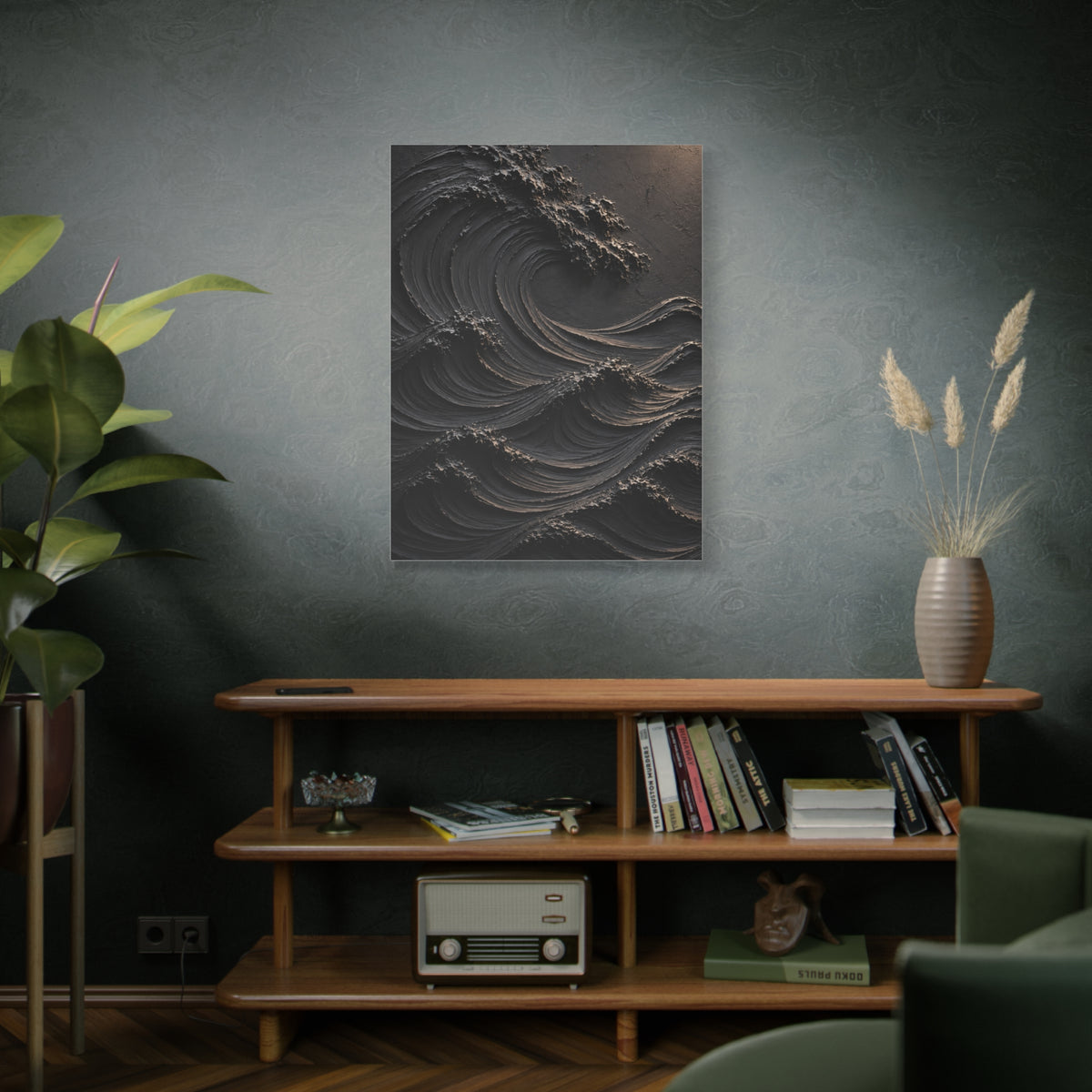 Matte Black Sculptural Ocean Motion Wall Art & Canvas Print