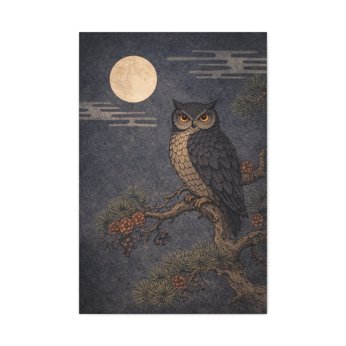 Nocturnal Pine Branch Owl Illustration Wall Art & Canvas Print