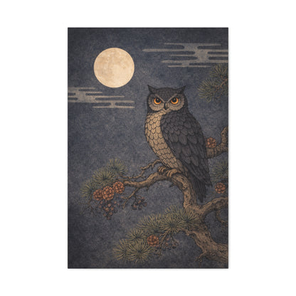Nocturnal Pine Branch Owl Illustration Wall Art & Canvas Print