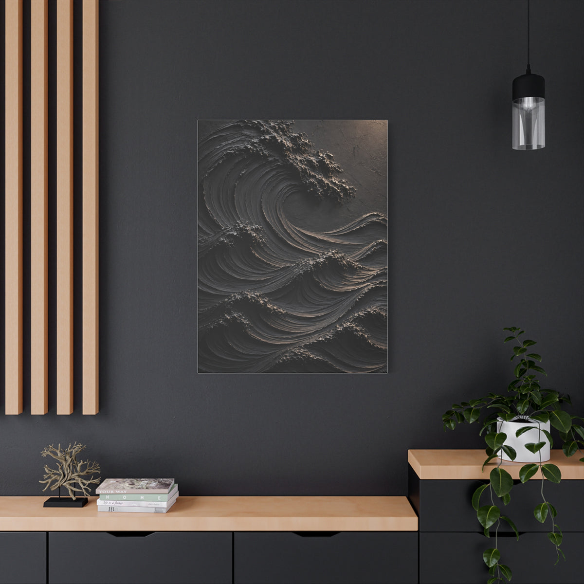 Matte Black Sculptural Ocean Motion Wall Art & Canvas Print