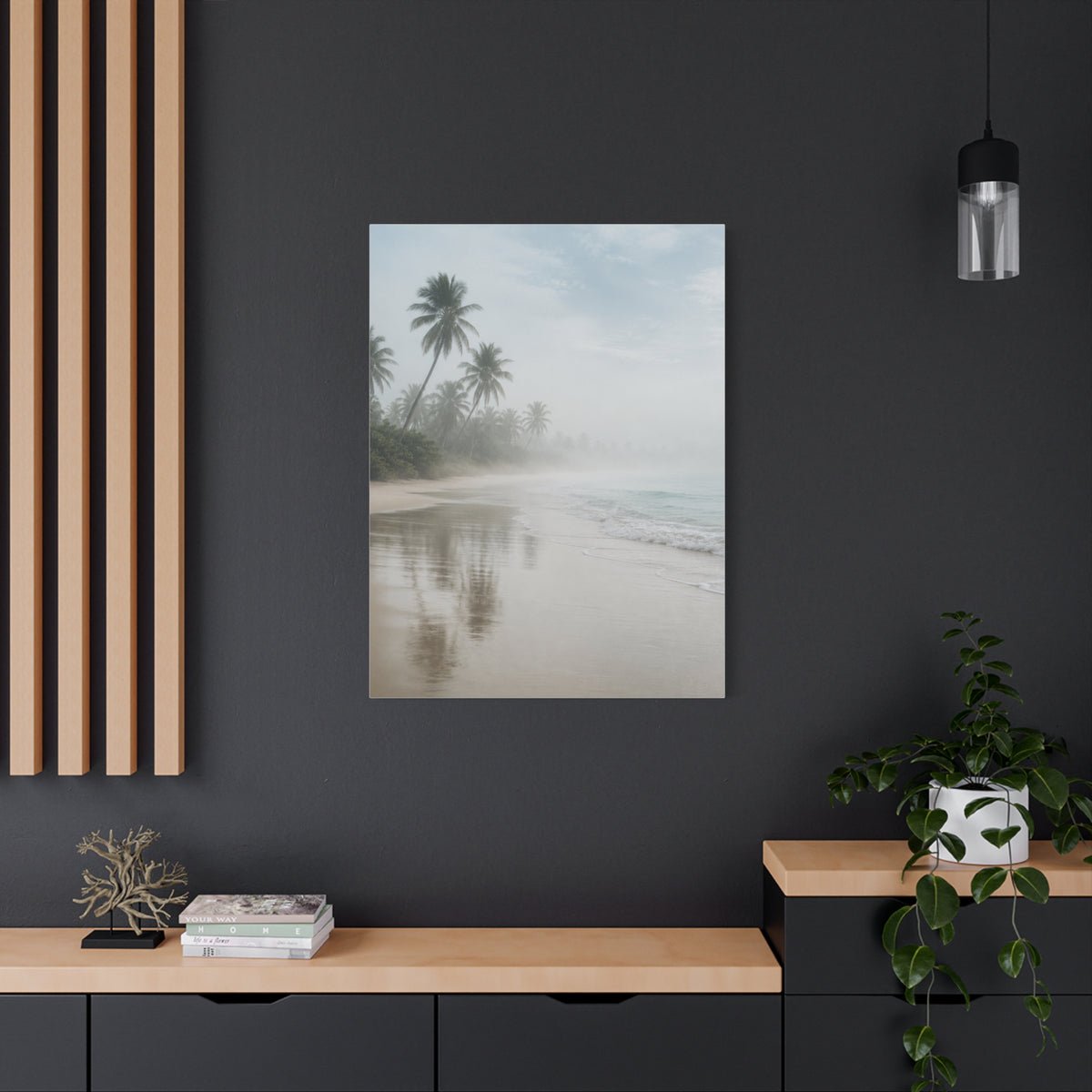 Misty Coastal Palm Shoreline Minimal Tropical Wall Art & Canvas Print
