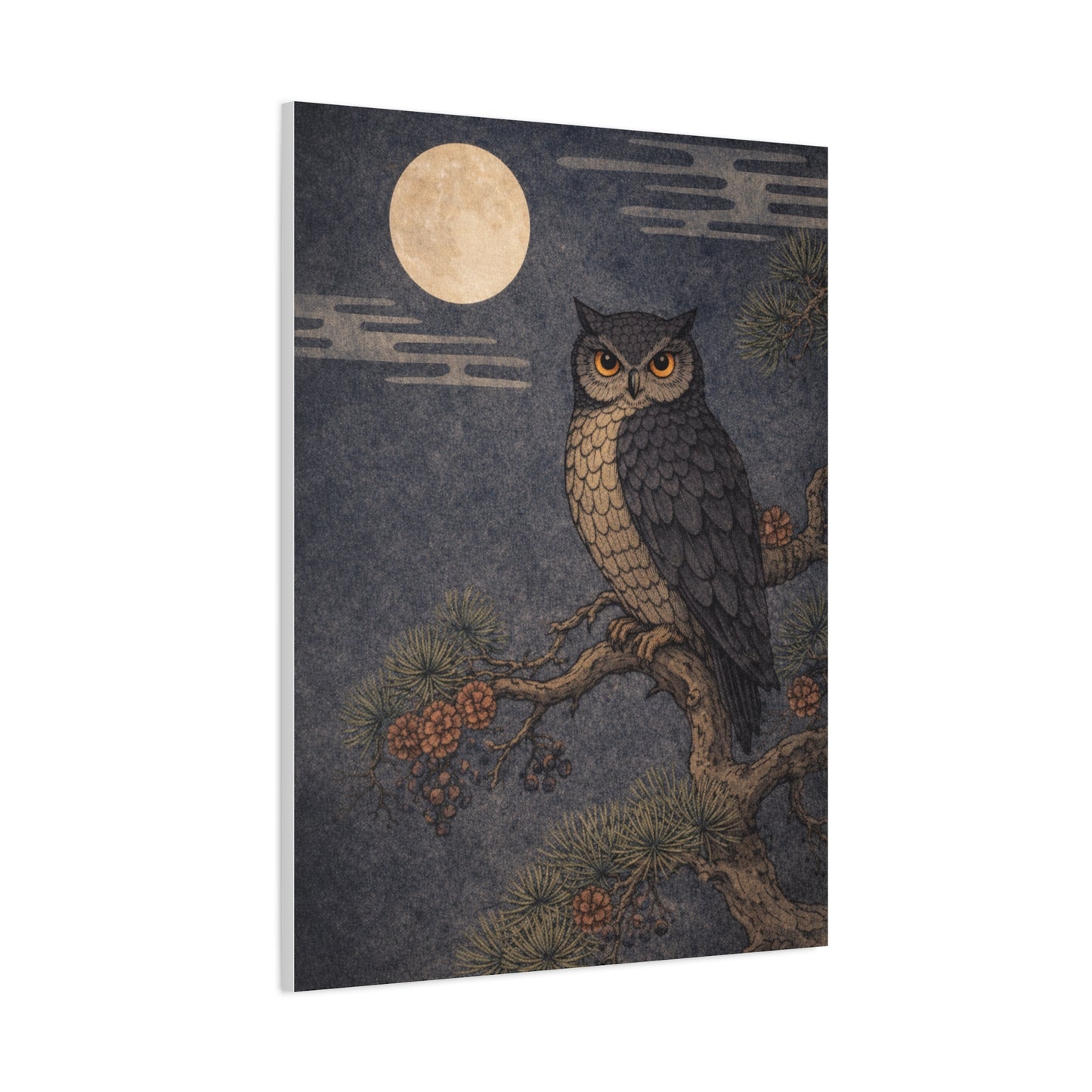 Nocturnal Pine Branch Owl Illustration Wall Art & Canvas Print