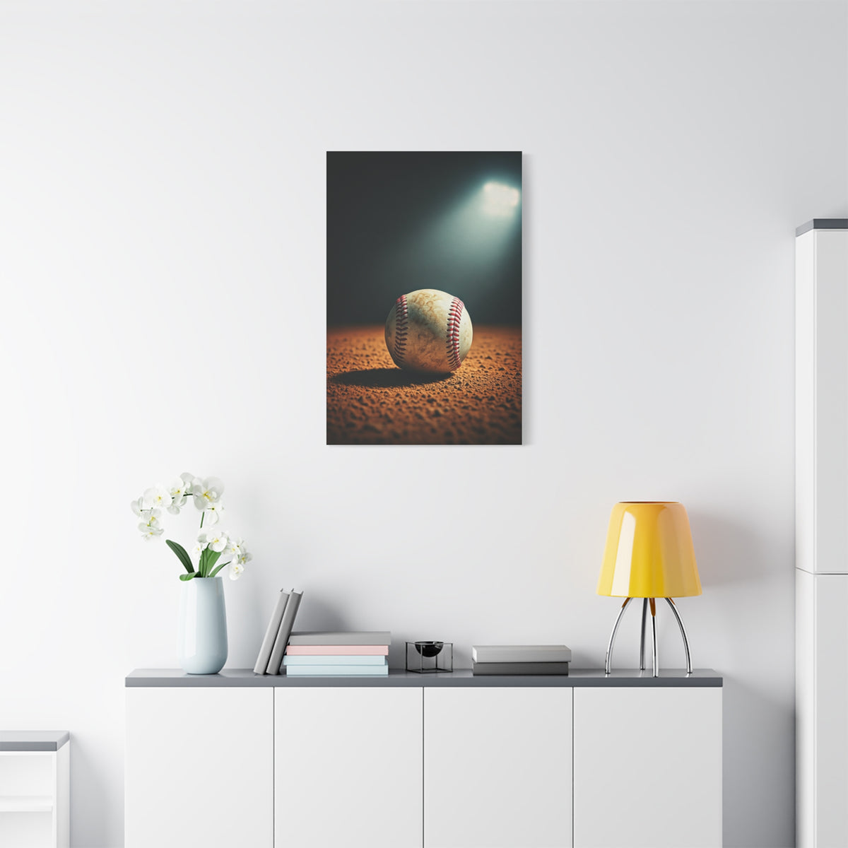 Baseball on Dirt Field Under Stadium Light Wall Art & Canvas Prints