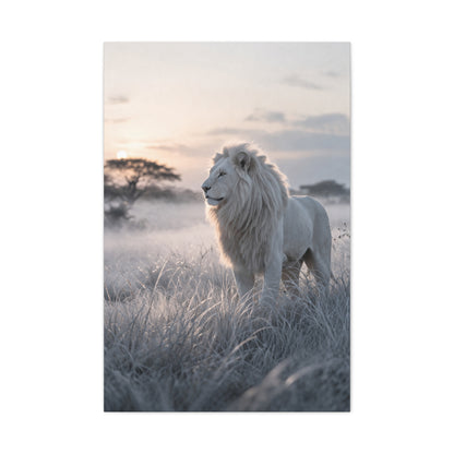White Lion in Misty Savanna Dawn Wall Art & Canvas Print