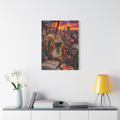 Surreal NYC Squirrel Rooftop Scene Wall Art & Canvas Print