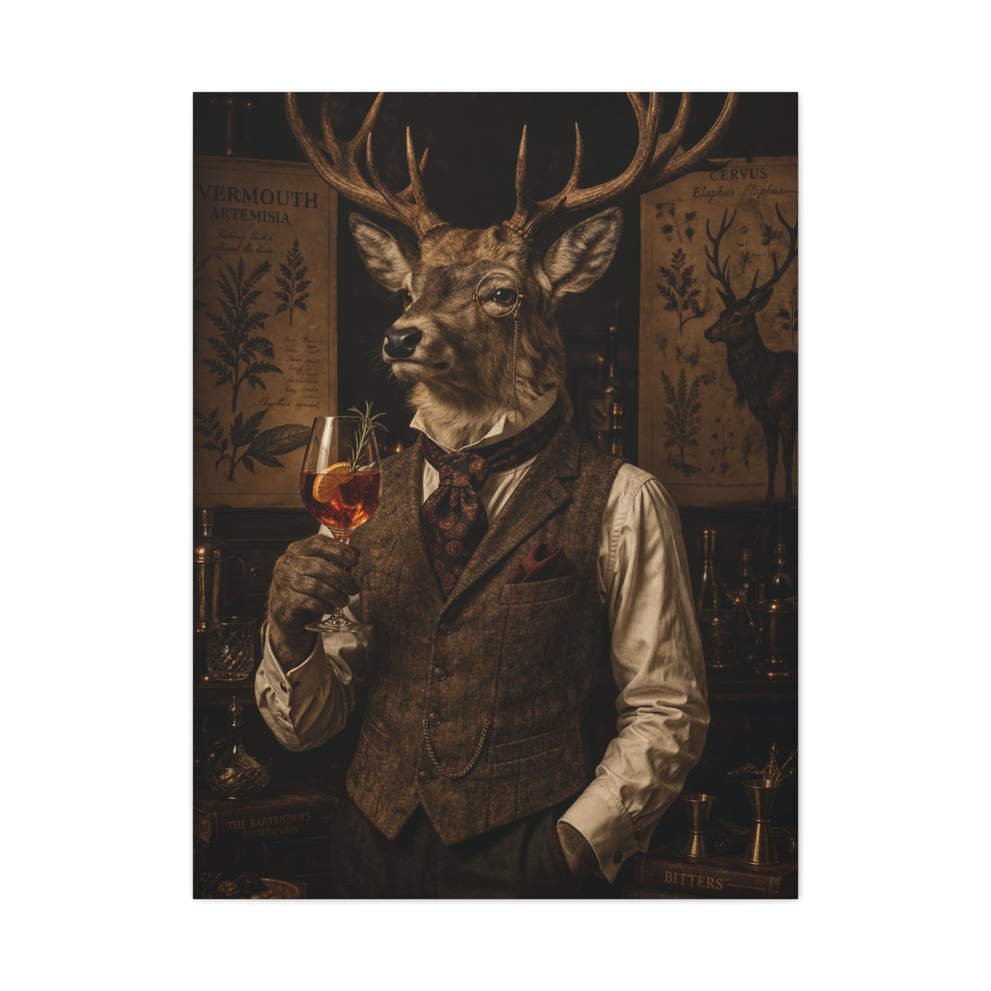 Vintage Botanical Stag Sommelier Portrait Wall Art & Canvas Print
