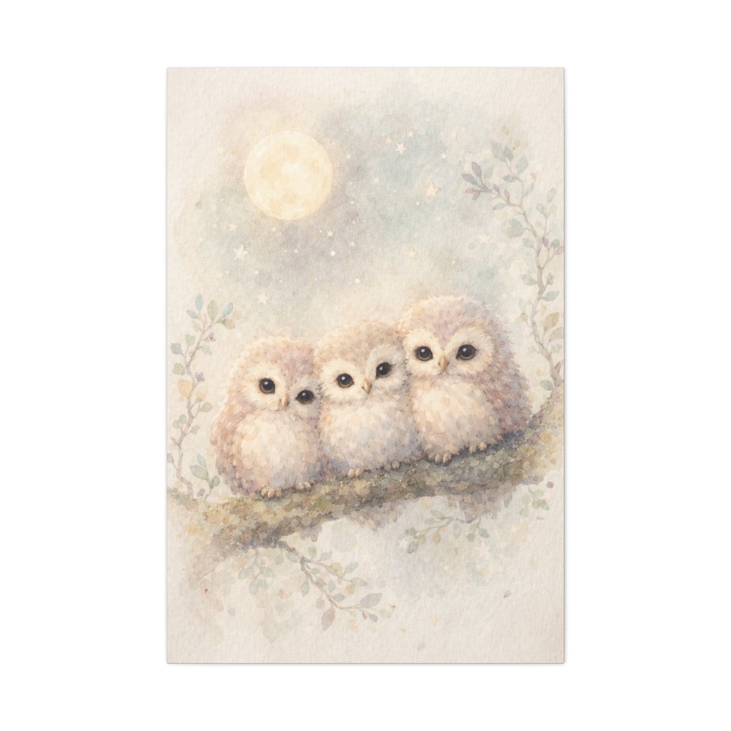 Moonlit Owlet Trio Watercolor Wall Art & Canvas Print