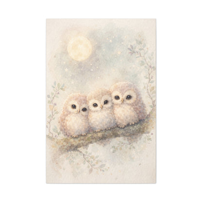 Moonlit Owlet Trio Watercolor Wall Art & Canvas Print